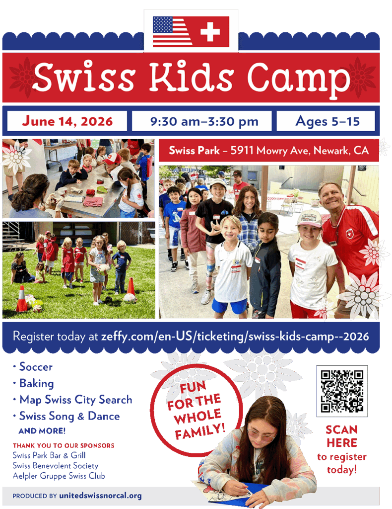 Swiss Kids Camp 2026 event flyer featuring children participating in Swiss cultural activities, soccer, baking, and games at Swiss Park in Newark, California.