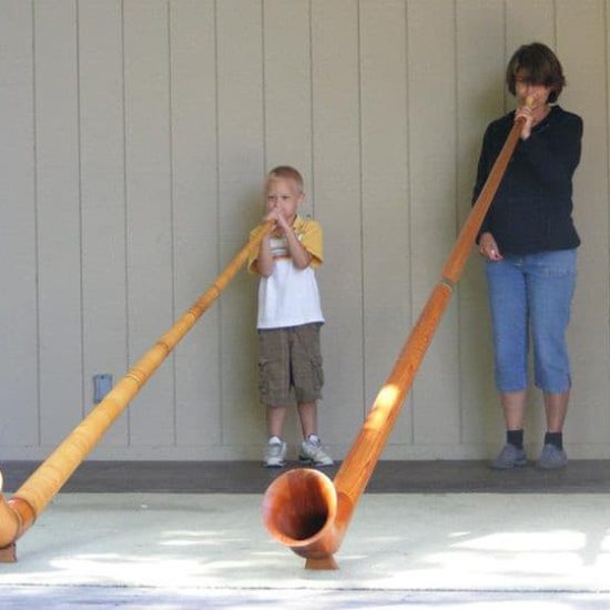 Two boys playing the Alpine Hornor Alphorn.